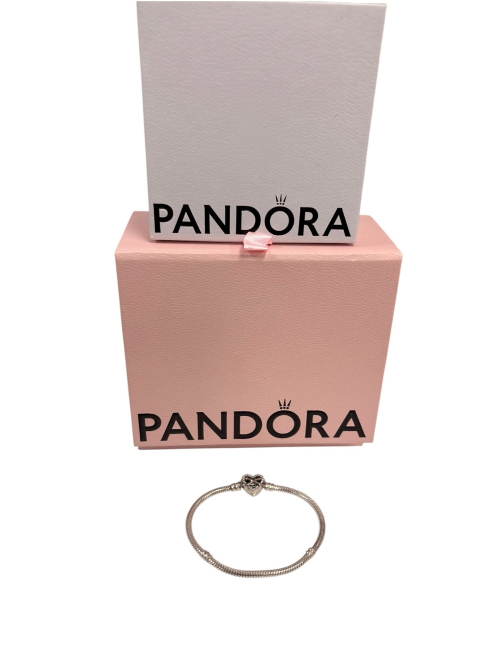 Pandora Silver Heart Clasp Snake Chain Bracelet with Pink Box
